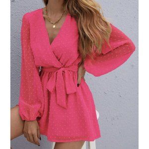 Pink Boho Womens Surplice Neck Lantern Sleeve Belted Swiss Dot Chiffon …